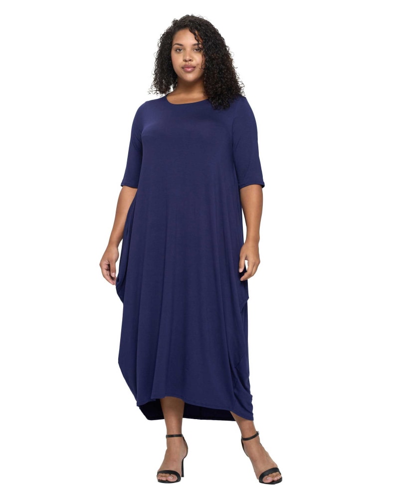Front of a model wearing a size 2X Nevaeh Midi Dress in Navy by L I V D. | dia_product_style_image_id:363804